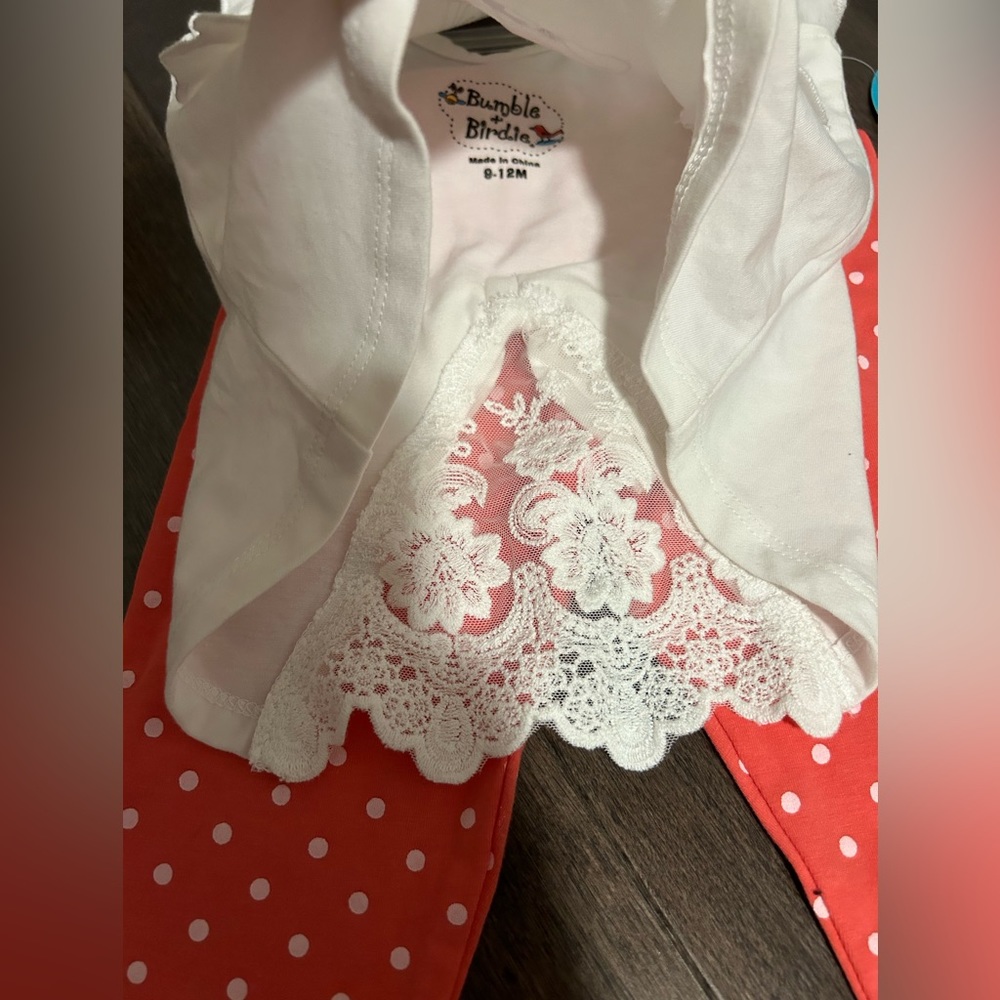 🌸 NWT Baby Girl Coral Lace Back Ballerina outfit . Polka dot pant set 9-12 mont - Picture 2 of 6